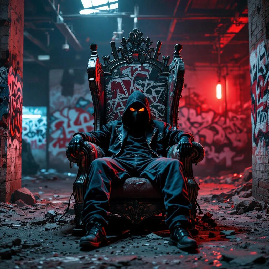 Crumbling throne in graffiti-covered warehouse. Masked figure lounging sideways. Ambient red and blue lighting. Gritty texture. Powerful silence.