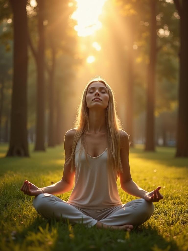 Young woman with long blond hair sits in a yoga pose. Surrounded by tall trees in a lush park. Eyes closed in contemplation. Warm golden light shining from above. Soft ethereal glow creates an otherworldly ambiance. Scene inspires spiritual awakening and letting go. Captures beauty of human spirit connecting with the divine.