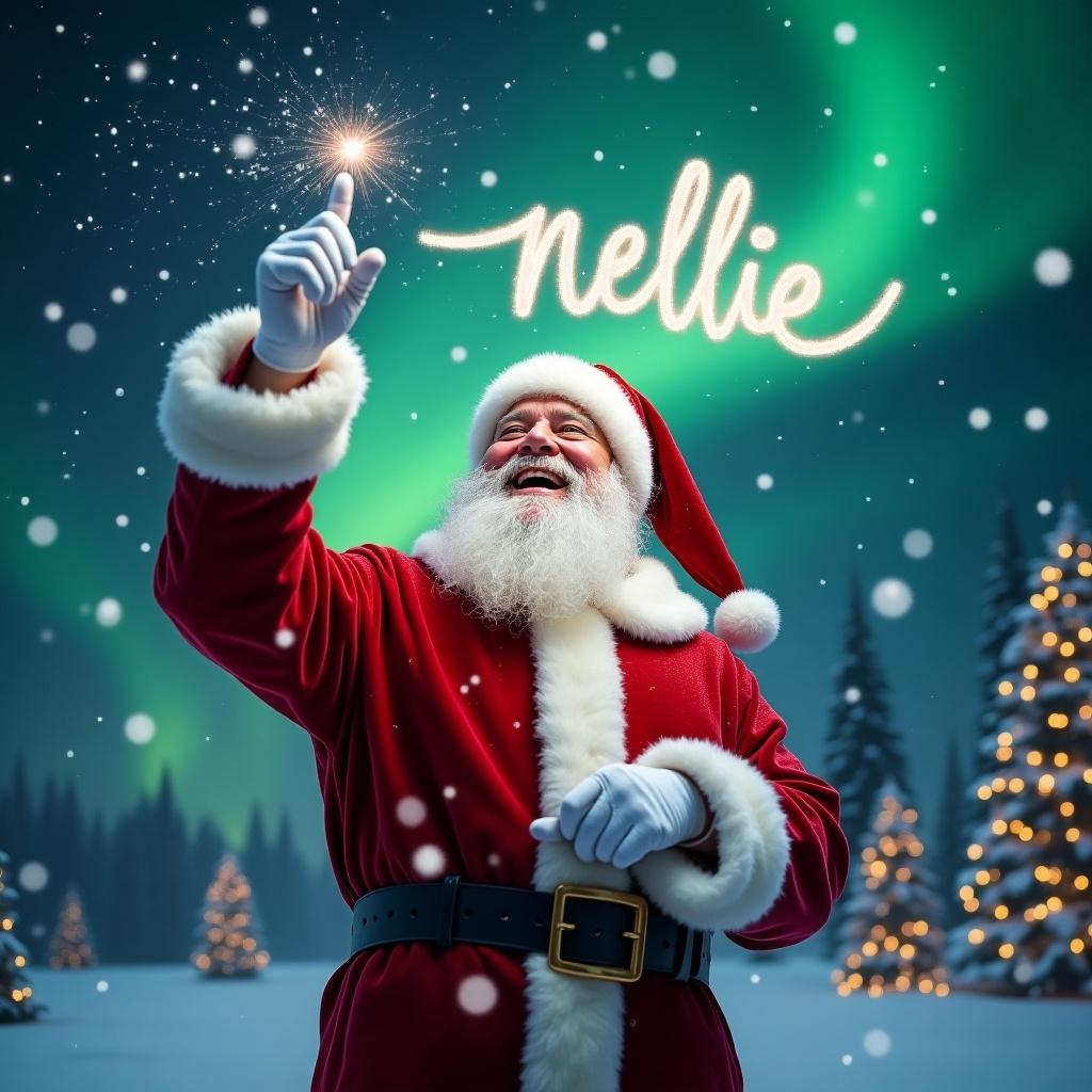 Image captures magical moment in winter wonderland. Santa Claus in classic red suit joyfully points upward. Writing 'Nellie' in sky with sparkling wand. Snowflakes fall softly. Northern lights create magical backdrop.