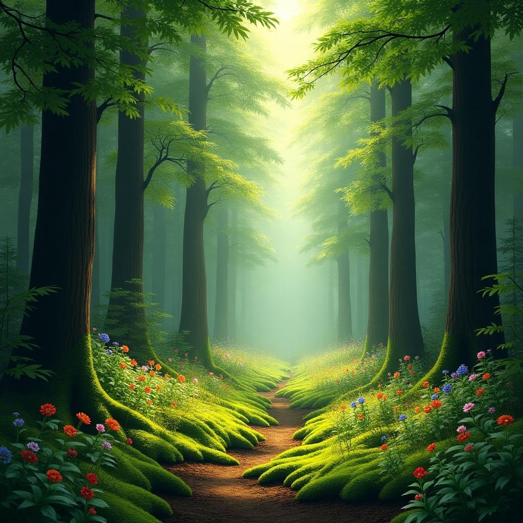 The image depicts a serene forest scene with tall trees reaching up into the sky. A soft light is filtering through the canopy, illuminating a winding path covered with lush greenery. Vibrant flowers bloom along the sides of the path, adding splashes of color. The atmosphere is peaceful, inviting viewers to imagine walking through this enchanting landscape. The entire scene evokes a sense of tranquility and connection to nature.