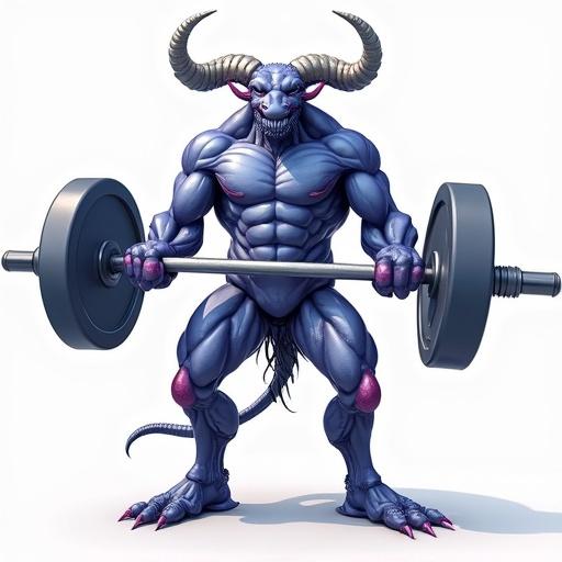 3D drawing of muscular hybrid creature. Creature has features of a man and dynastes taurus beetle. Lifting bodybuilding weights. Stands on human legs. Shades of blue purple white gray and pink.