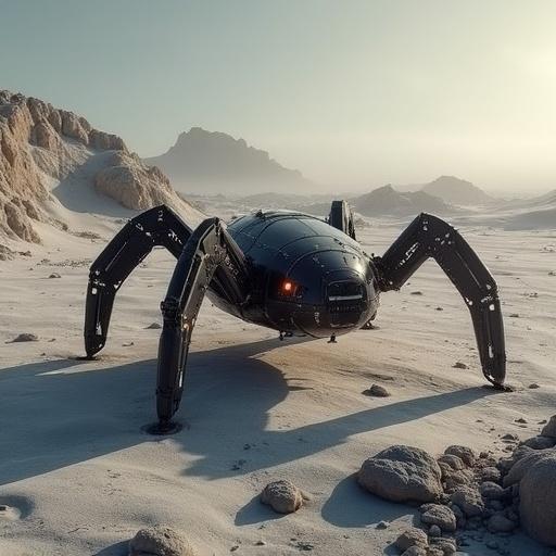 A futuristic spacecraft designed in the shape of a spider. The design features a clean look and is made for landing on surfaces. The scene has a desert with rocky formations in the background.