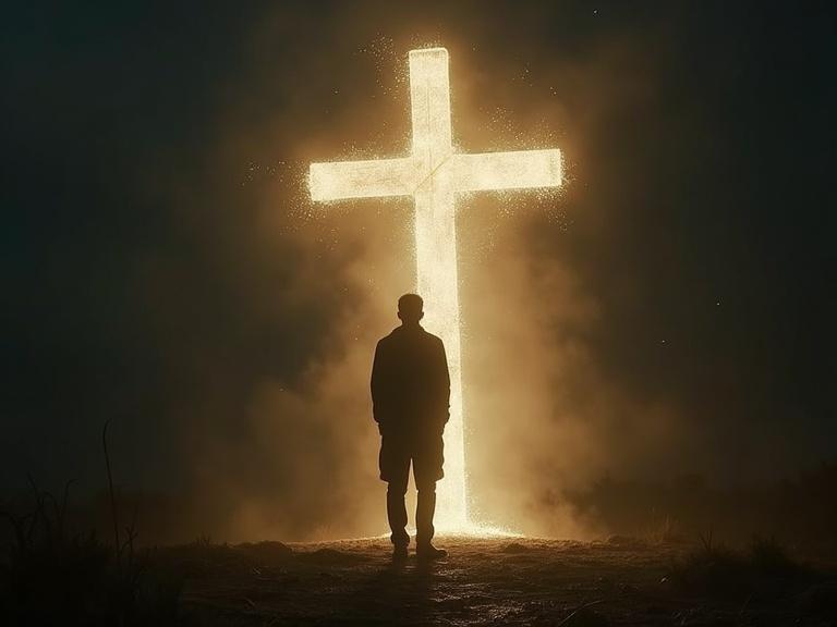A hyper-realistic cinematic art piece depicting a silhouette before a large wooden cross. The silhouette dissolves into light particles absorbed by the cross. Symbolizes death of the old self. Highly detailed ethereal scene with a 35mm film aesthetic.