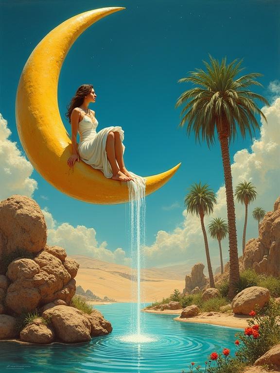 Woman sits on a large crescent moon. She pours water into an oasis. Desert landscape with palm trees and roses. Bright colors dominate the scene. Photorealism and detailed style.