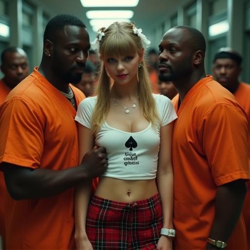 Scene in a prison cell with a central woman surrounded by male prisoners. Woman has long blonde hair, wearing a white t-shirt and plaid skirt. Men wear orange prison jumpsuits. Focus on woman smiling. Group composition with bright lighting.