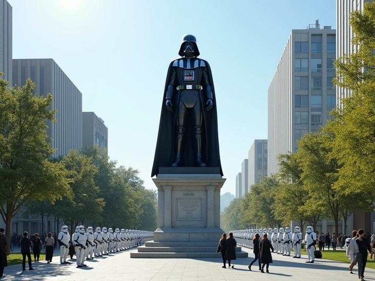 Darth Vader as a monumental statue. Detailed iconic armor. Imposing posture. Surrounded by Stormtroopers. Civilians admire the spectacle. Urban park setting. Bright natural lighting for grandeur. Blend sci-fi with realism.