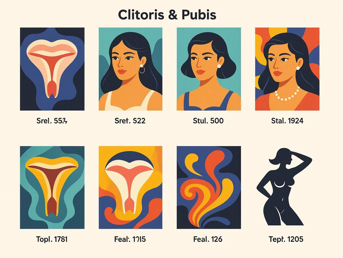 Collection of illustrations depicting clitoris and pubis. Each artwork features a unique design style. Colors are bright and engaging. Artistic representations highlight female anatomy. The images promote body positivity and sexual wellness.