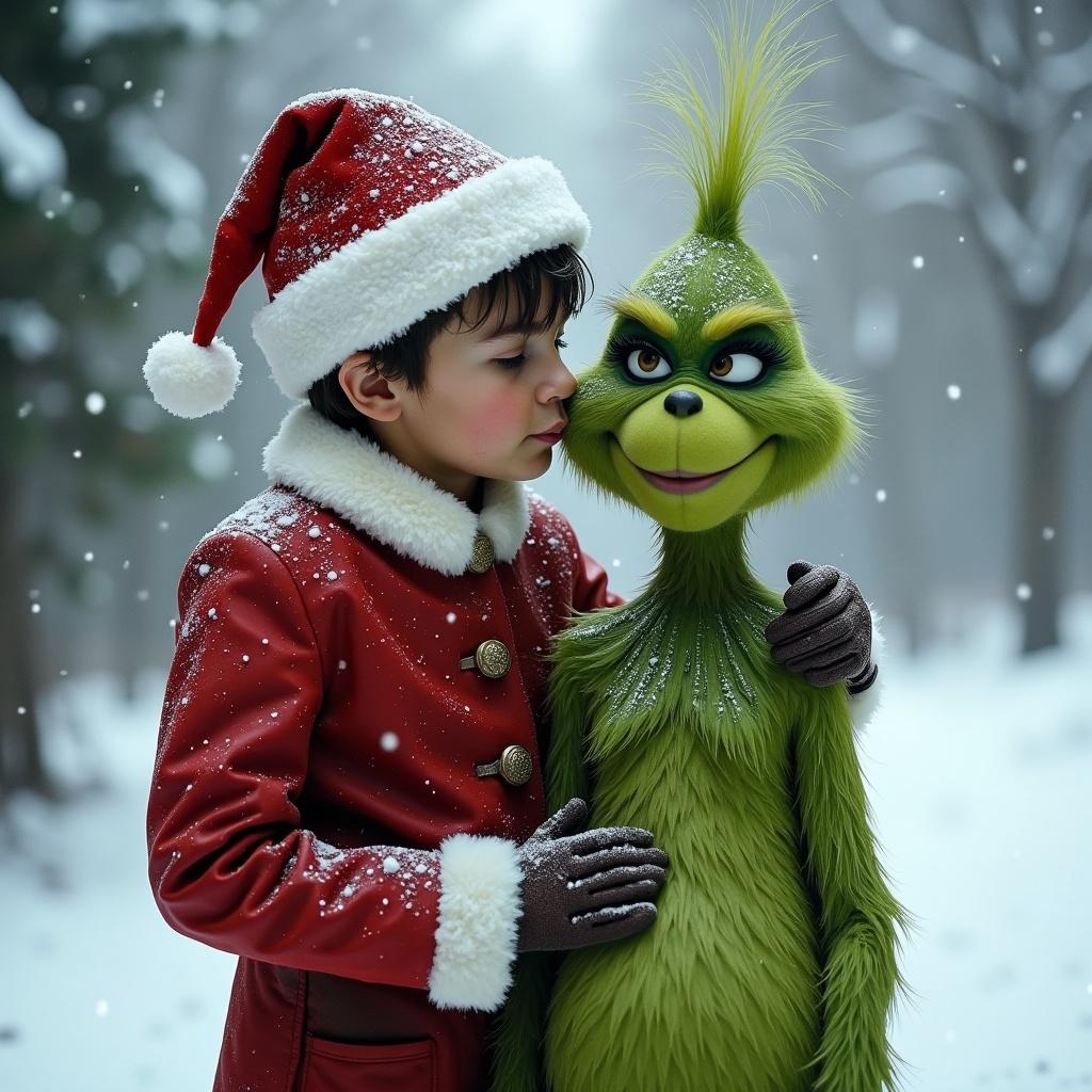 A child in a Santa outfit stands in the snow with a Grinch character during Christmas.