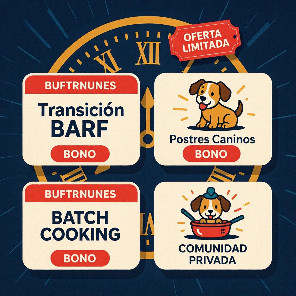A promotional banner highlights four bonus items as digital cards. Items are 'Transición BARF', 'Postres Caninos', 'Batch Cooking', and 'Comunidad Privada'. Each card features a bold label reading 'BONO'. The background has a ticking countdown clock and a flashing 'OFERTA LIMITADA'. Colors used are red, gold, and white to convey urgency and value.