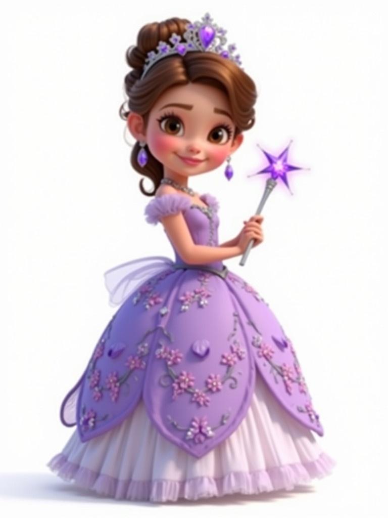 A 2D animated character inspired by Lolek and Bolek. A young girl dressed in a lavender princess gown with floral embroidery and soft tulle layers. She holds a sparkling wand and wears a tiara with purple gemstones. Jewelry includes matching earrings and a necklace. The girl poses gracefully with elegance. The background is plain white.