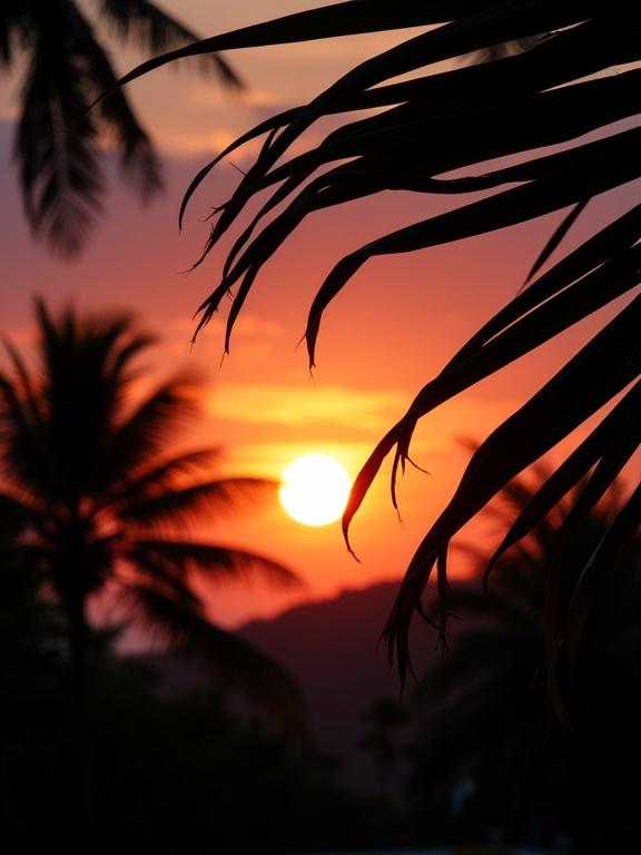 Sunset photography scene viewed through a palm frond. Silhouettes of palm trees frame a vibrant sunset. The sun is centrally located. The palm frond obscures part of the sunset. The perspective is slightly lower looking up. Warm and vibrant colors of orange, pink, and purple are in the sky. The atmosphere is peaceful and serene. Silhouettes of vegetation are in the mid-ground and background.