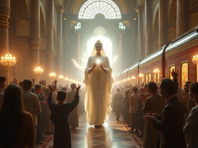 A grand scene in Moscow train station where joyful crowd greets White Tara after her arrival on an ornate train. Emphasize Tara’s radiant appearance and multiple glowing eyes amidst a diverse, reverent crowd.