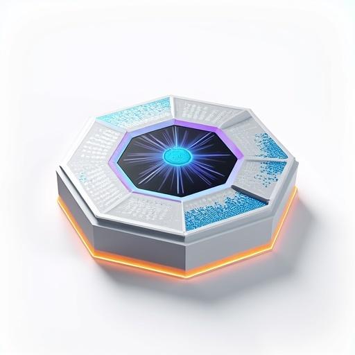 Hexagonal power sensor with nano-ceramic shell in white color design. Features include gold current sensing ring, blue electric field matrix, ripple texture vibration membrane, and thermal micro-vents. Visualizes data in real-time through a central holographic panel. Setting includes extreme cold on left and desert heat on right. Showcases self-calibration with green laser and blue data pulse stream. Background is pure white with light grey hexagonal grid.