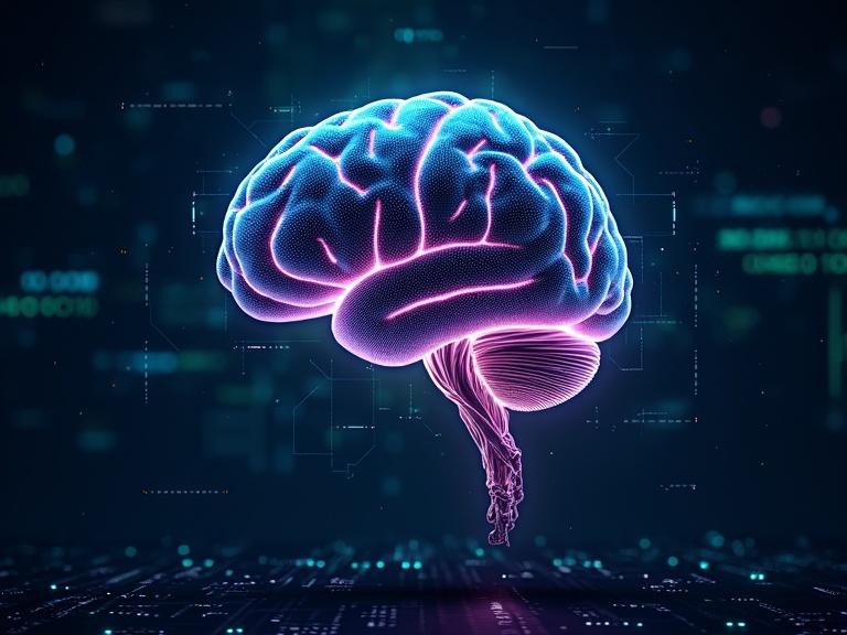Futuristic digital brain made of glowing circuits and data streams. Floating in a virtual space filled with holograms graphs and code. Dark gradient background with grid pattern. Brain emits soft neon light in blue purple and green. Fragments of code spiral around like a digital aura. Hyper-realistic high detail sci-fi with slight glow effect.