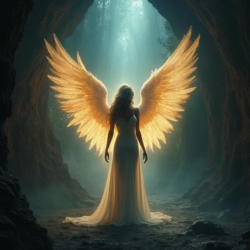 A glowing angel standing in darkness. Ethereal light is present. Bright wings pierce the shadows. A fantasy landscape surrounds the figure. Grotto's textures are visible. This piece combines elements from different artistic styles.