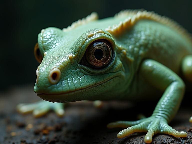 An alien creature with a zoomorphic body shaped like an eye. It has tentacles with a skin texture that combines hard parts like a beetle and flexible parts like a crocodile. The image is of photographic quality with cinematic lighting.