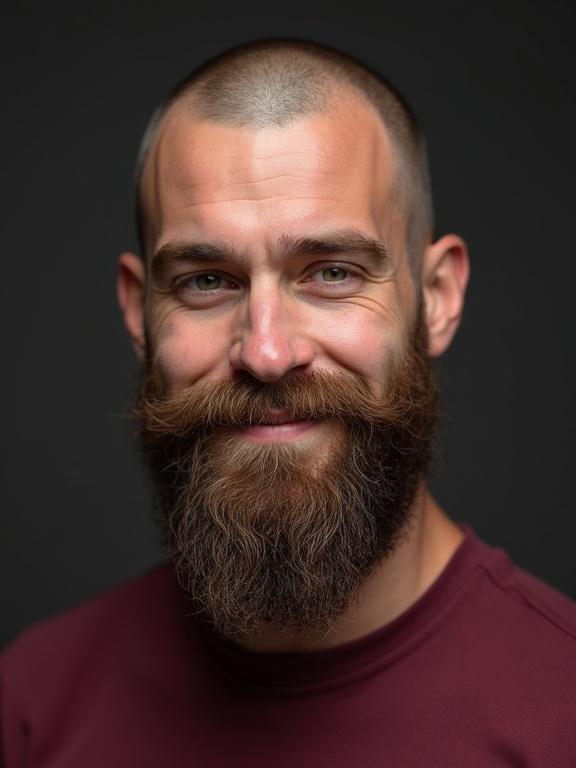 Handsome portrait of a young man with green eyes. He has a long beard and a shaved head. He displays a shy smile and is wearing a maroon t-shirt.