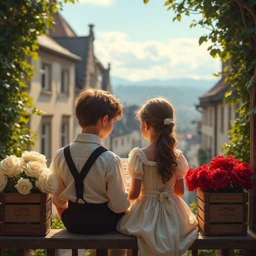 A beautiful boy and girl are sitting side by side on a wooden balcony. They are wearing 1840s clothing and reading an illustrated book. Wooden crates with blooming roses are nearby. Historic houses and blue sky create a charming backdrop. Soft, warm afternoon light fills the scene.
