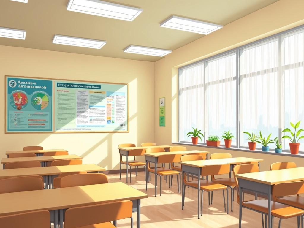 A high-resolution illustration of a classroom in a school setting, drawn in anime style. The room is well-lit with bright fluorescent lights overhead and a large window on the right, which allows natural light to flood in. The walls are painted in a soft beige color, creating a warm atmosphere, and the floor is covered with smooth linoleum. Wooden desks and chairs are neatly arranged in rows throughout the classroom, while sheer white curtains cover the window, diffusing the sunlight. On the left wall, there is a vibrant poster with Russian text and colorful illustrations, likely providing information relevant to students. Additionally, potted plants sit gracefully on the windowsill, adding a touch of greenery to the room. Overall, the scene exudes a clean and orderly ambiance typical of a functional school environment.