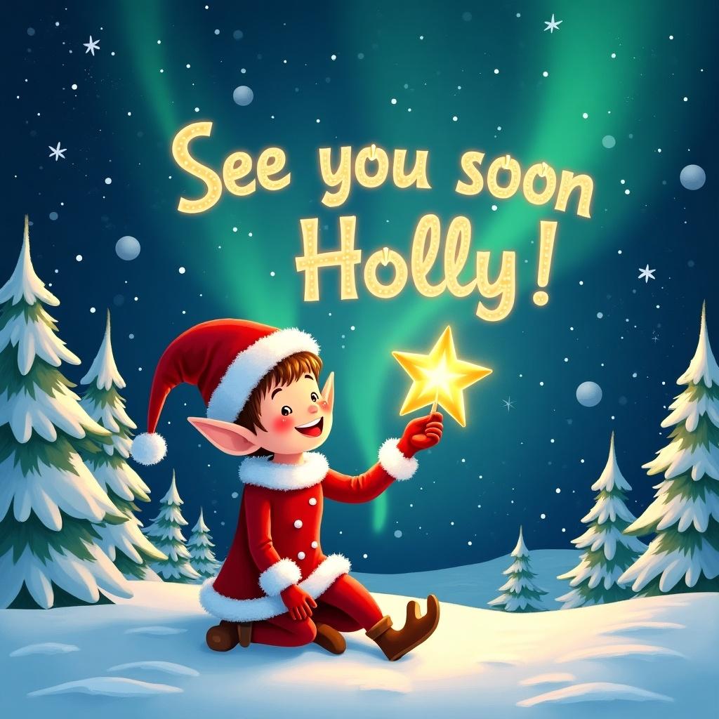 A cheerful elf in a red Christmas outfit is seated on the snowy ground. The elf holds a sparkling star, writing in the night sky. Glowing letters form the text 'See you soon Holly!' against a stunning backdrop of Northern Lights. Snow-covered trees frame the scene, enhancing the holiday atmosphere. The elf has a joyful expression, embodying the spirit of Christmas. The colors are vibrant and inviting, making the scene feel magical and heartwarming. This illustration captures the essence of festive cheer and wonder for children and families alike.