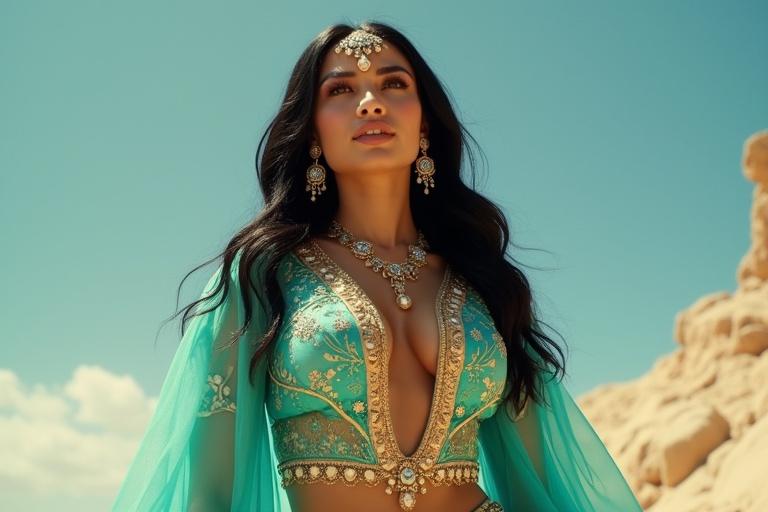 Low angle view of a model wearing a turquoise Arabian princess-style outfit. Ornate gold embroidery adorns the outfit, with shimmering sequins and sheer overlay pants that have intricate floral patterns. The model's shiny black hair frames her face. The deep V-neck top features gold trim and crisscross detailing. A bold jeweled headpiece complements the look. A glowing magic carpet rises from the sand. The model looks stunned and shocked.