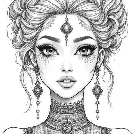 Intricate black and white line art. Close-up portrait of a beautiful woman. Lace-like tattoo patterns on forehead and cheeks. Ornate jewelry including necklace and earrings. Expressive eyes with precise lines.
