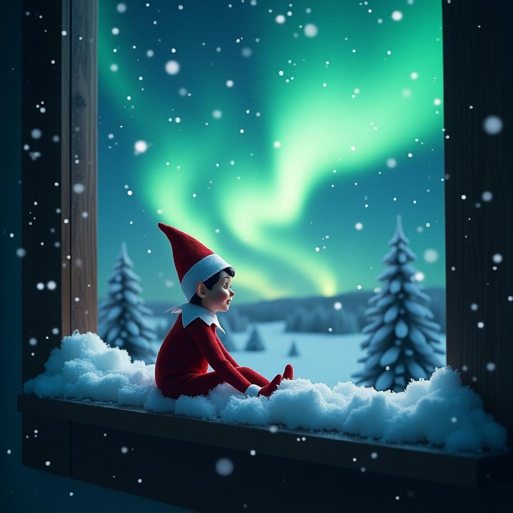 This image features an Elf on the Shelf sitting on a window ledge, gazing out at the magnificent northern lights. The elf wears a classic red outfit with a pointed hat, creating a festive atmosphere. Outside, the snowy landscape is illuminated by the vibrant greens and blues of the aurora borealis. Soft snowflakes are falling, enhancing the magical winter scene. The mood is cozy and whimsical, perfect for the holiday season. This image captures the essence of childhood wonder and festive cheer.