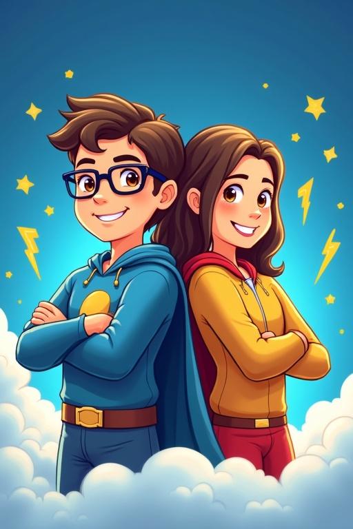 A boy and girl stand back to back. They look happy and intelligent. One child wears glasses. They dress as superheroes. The background is vibrant royal blue. Yellow bolts of lightning and stars are present. Clouds surround the lower body. The image conveys strength and determination. The style feels like Minecraft.