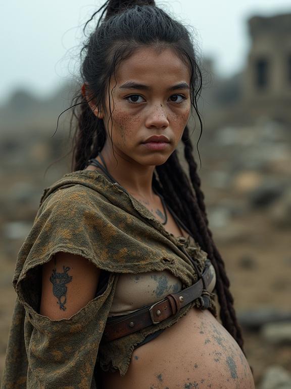 Highly detailed photorealistic portrait of a young wasteland huntress. Wiry physique and long tangled hair with partial dreadlocks. Skin dirty, mud camouflage from a long day of hunting. Crude tribal tattoos on face and arms. Expression cold and wary due to hardship. Wears primitive self-made clothing from scavenged materials. Tattered camouflage netting cloak blends with the ruins. Background shows a ruined city under overcast sky. Captured with Fujifilm XT3 DSLR, realistic skin textures and subtle film grain.