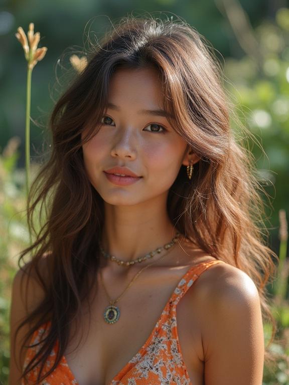 Close-up portrait of a woman with wavy hair in a natural outdoor setting. She has a gentle smile and wears an orange dress with floral details. Jewelry includes a necklace and earrings.