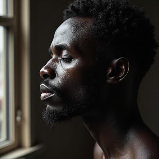 Profile of a black man with a shaved head and clean-shaven face. He looks out of a window, catch light on his face, calm and contemplative mood.