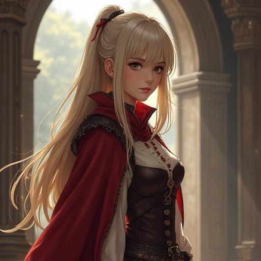 Anime girl in medieval setting. Long hair with freckles. Wearing a red cape and intricate attire. Fantasy theme with a captivating expression.
