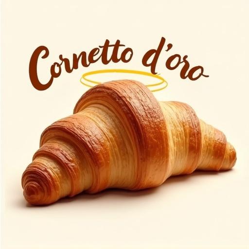Croissant with curved text above that reads Cornetto d'oro. Add a golden halo behind the Croissant to signify its golden quality.