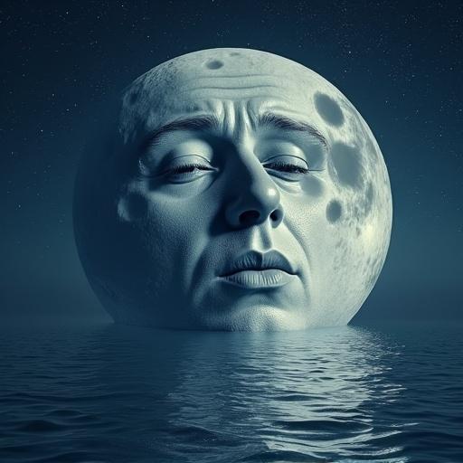 Photorealistic representation of a moon with a human face depicting emotions. Featuring a starry sky and a sea surface, emphasizing realism and layers of symbolism.