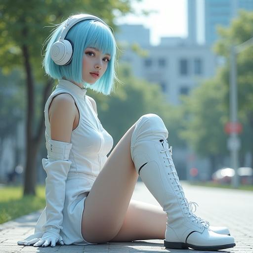 Young woman with light blue bob hair seated on ground. She wears a white futuristic sleeveless dress and thigh-high boots. A spaceship is in the park in Tokyo.