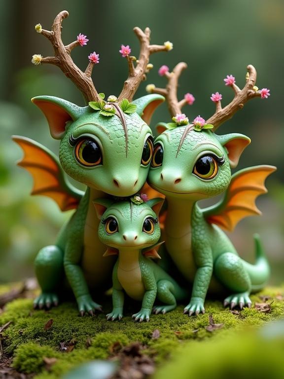 Three dragon-like creatures with antlers and flowers. Creatures are green with big eyes. They sit on mossy ground in a soft-lit forest. The setting enhances a magical feeling.