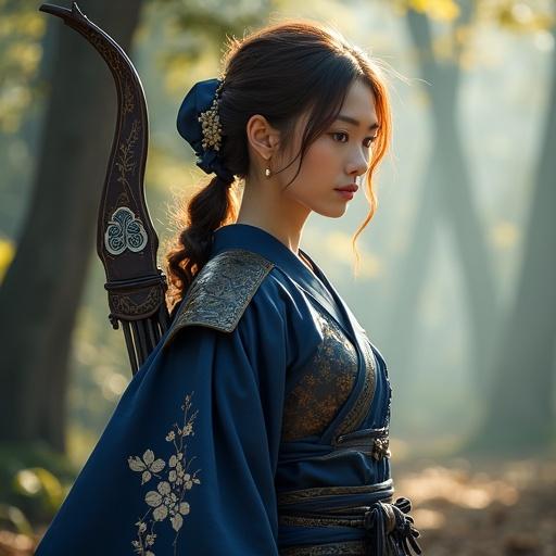 A female scout named Clarisse wears an indigo kimono-inspired outfit with golden cherry blossom embroidery. She has a leather arm guard and breastplate designed for movement. A yumi bow is slung over her back. The background features a misty forest at dawn with sunlight filtering through trees.