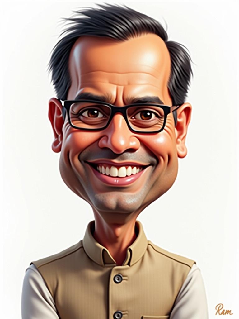 Caricature of Arvind Kejriwal. 2D digital artwork. Character appears with stylized features. Dressed in a beige jacket. Simple background emphasizing subject. Focus on exaggerated features without details of the face.