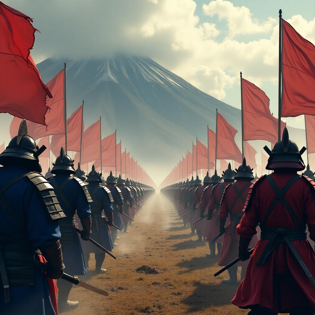 Dynamic scene of samurai armies from feudal Japan. One army in deep blue and the other in red. Traditional armor with katanas and spears. Flags flying in the wind. Background of rugged mountains and chaotic atmosphere of battle.