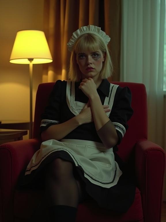 Photo of a young German woman sitting in a red chair. She has a short blond bob and gloomy makeup on her face. She's in a black and white uniform with a maid's cap. She presses her hand to her chest. The background shows a semi-dark hotel room with Bauhaus design. There's a dim yellow lamp lighting the scene. It's night time.
