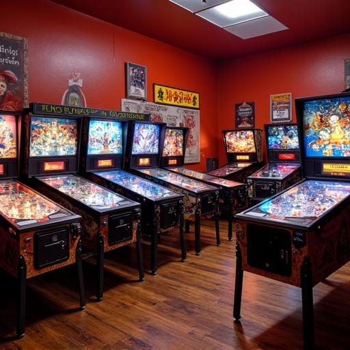 Interior of a pinball gaming room. Multiple pinball machines line the space. Vibrant lighting highlights colorful playfields. The wall contains vintage art and posters.