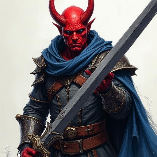 A 2.5D pen sketch of a male red-skinned tiefling paladin. The character holds a dark great sword and a shield. The character has piercing dark blue eyes and an intense expression. The artwork features a colored pen style with visible pencil strokes. The image has a paper texture and matte shading. Non-photorealistic feel with soft cel shading and soft lighting. Artistic depth of field enhances the visual.