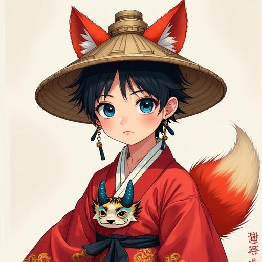 Full-body portrait of an 8-year-old Korean fantasy boy. The boy has heterochromatic eyes. Left eye is blue, right eye is golden. He has a single fluffy red-and-white fox tail. He wears a traditional Korean gat with wide brim, made of horsehair. The gat is secured with a thin black chin ribbon. His messy black hair is visible under the gat. His face appears smooth and youthful. He wears a vibrant red hanbok with golden dragon patterns. A dokkaebi mask-shaped hopae hangs as a necklace at his chest with blue horns. The style combines traditional Korean ink wash painting and modern digital illustration. The image is consistent with character's pose, outfit, and accessories.
