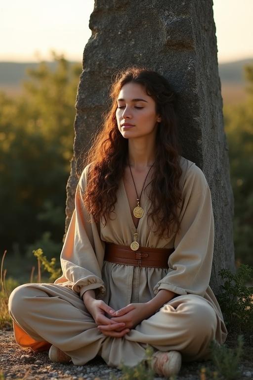 A young woman with curly brown hair sits cross-legged leaning against a dark granite menhir. She wears a simple natural-colored robe and leather belt. A golden medallion hangs from her neck. The woman meditates peacefully. Surrounding vegetation includes dense shrubs. The ground is rocky with sparse wild herbs. The scene is illuminated by the last rays of evening light, highlighting her face.