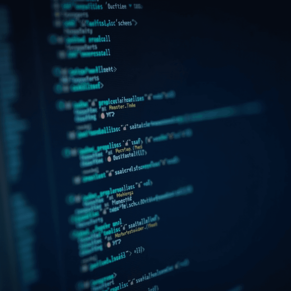 A close-up view of computer code on a dark themed editor screen, highlighting syntax in various colors.