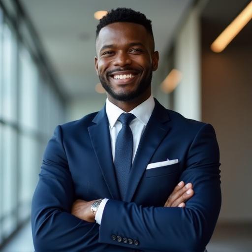 Confident male sales coach in navy blue suit. Engaging smile. Modern corporate setting. Arms crossed. Professional and charismatic. Represents training in sales techniques.