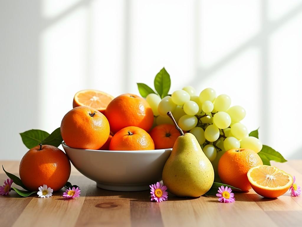 This image showcases a beautiful arrangement of fresh fruits. A bowl filled with vibrant oranges takes center stage, surrounded by green vines and a pear. There are also grapes and orange halves scattered around. The background features soft, natural light, enhancing the freshness of the fruits. Flowers add a touch of color and elegance to the scene. The composition is inviting, perfect for a health-focused theme.