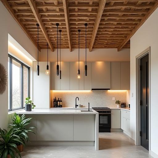 Modern inviting kitchen entrance with warm ambient lighting. Space is 8 feet wide with a ceiling partition lowering height from 11 feet to 7 feet. Floating lattice partition spans entire width with light oak beams and frosted glass. Three pendant lamps hang over left section with matte black shades and exposed bulbs. Cozy atmosphere with neutral tones and hanging plants.