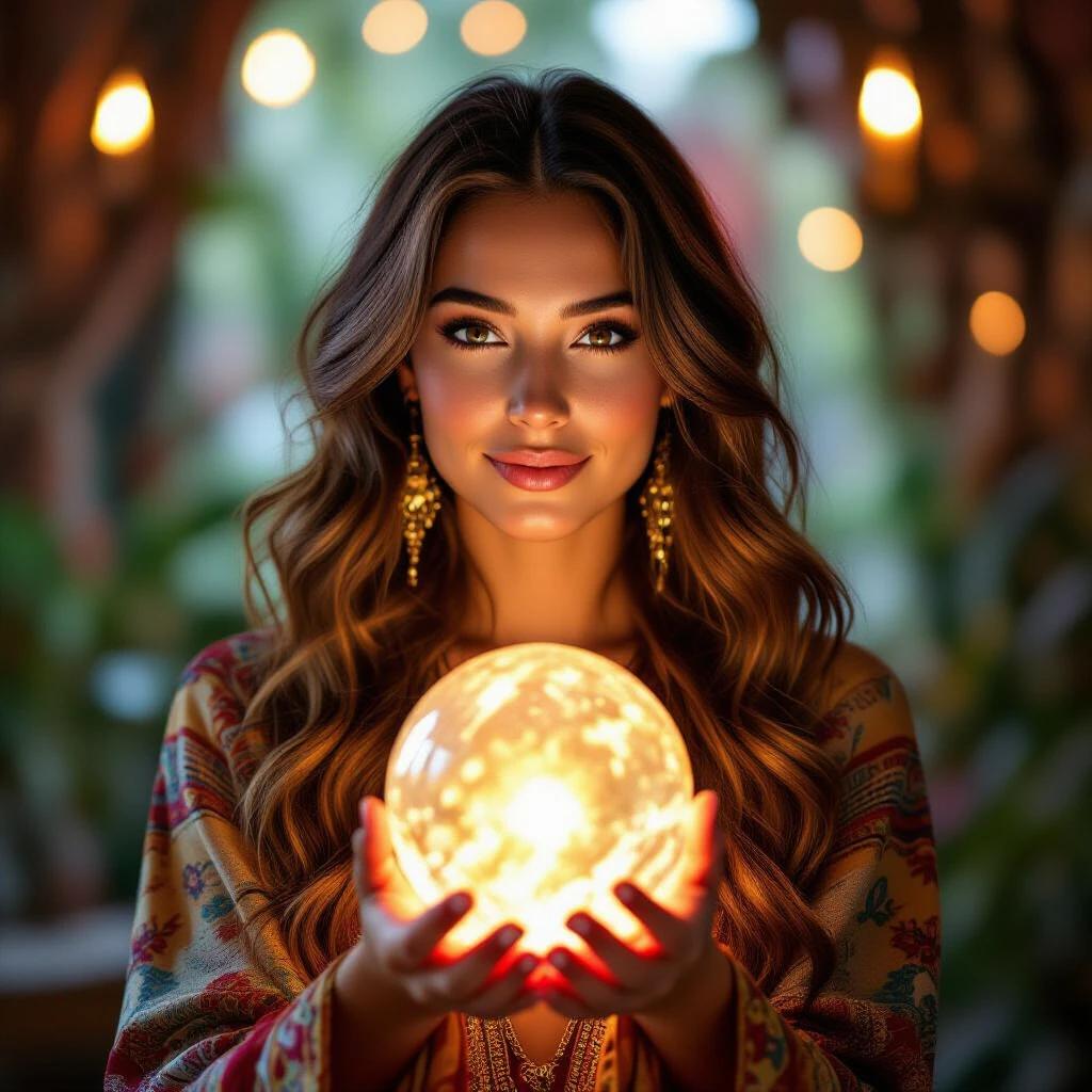 Image features a woman with long wavy hair holding a glowing crystal ball. She exhibits a calm expression. Her clothing is intricate and bohemian with vibrant patterns. The ambient light is warm, creating a mystical feel.