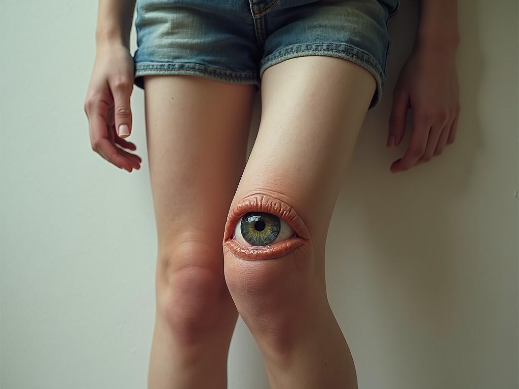 An intriguing digital artwork features a surreal image of a human knee with an eye embedded in it. The person is wearing denim shorts, and their legs are the primary focus, positioned against a plain wall. This imaginative design creates a mesmerizing juxtaposition between human anatomy and the concept of vision, prompting both fascination and discomfort.